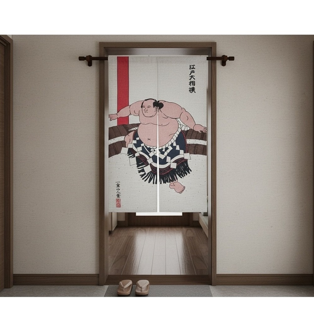 Japanese Noren Curtain Sumo Wrestler Ukiyo-e Art Doorway Tapestry Linen Blend